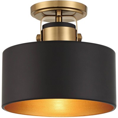Possini Euro Design Modern Ceiling Light Semi Flush Mount Fixture 10" Wide Soft Gold Metal Black Drum Shade for Bedroom Kitchen