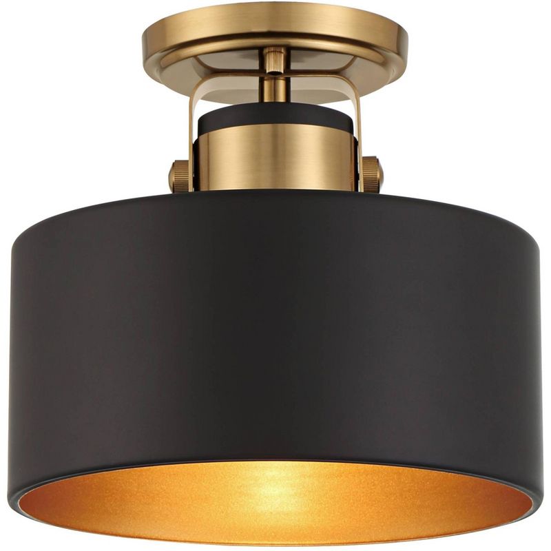 Possini Euro Design Modern Ceiling Light Semi Flush Mount Fixture 10" Wide Soft Gold Metal Black Drum Shade for Bedroom Kitchen, 1 of 10