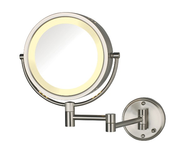 Jerdon 8X-1X Direct Wire Halo Lighted Wall Mount Mirror Extends 13.5" Nickel