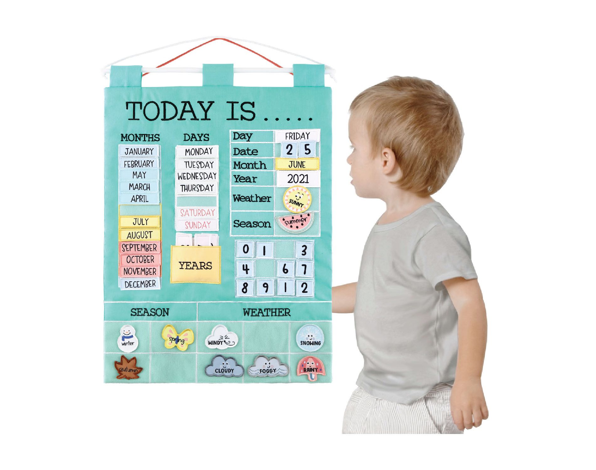The Peanutshell Preschool Educational Wall Calendar - 53 Fabric Pieces for Months, Days, Years, Weather, & Seasons