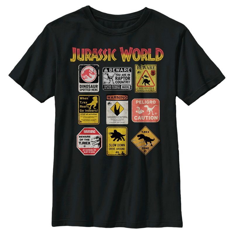 Boy's Jurassic World: Dominion Dinosaur Warning Sign Collage T-Shirt, 1 of 6