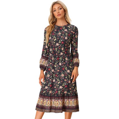 Женские платья Allegra K Women's Boho Floral Elastic Waist Flowy Long Sleeves Midi Dress Medium Black