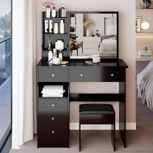 Sapphtopaz Vanity Desk Practical Fashionable Makeup Table with Touch Control LED Mirror, Socket, Hair Dryer Bracket for Small Space - 1 of 4