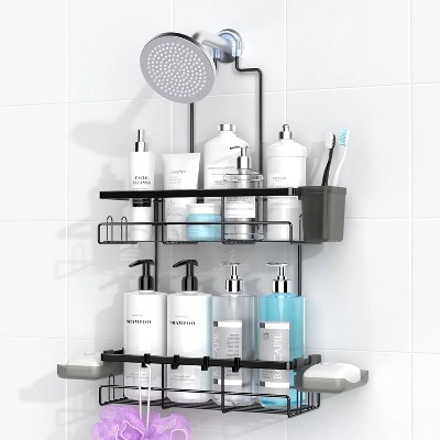 LunaLulinlk Over Shower Shelf: Stainless Steel Bathroom Shampoo Organizer with Soap Holder, Hooks, Toothbrush Holder - Black