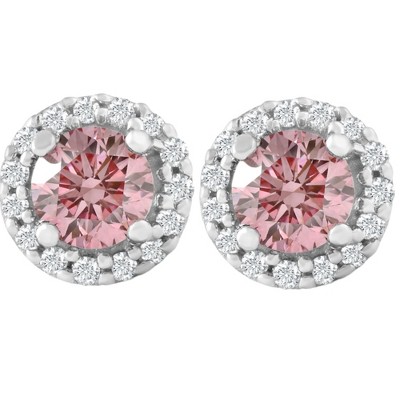 Pompeii3 1/2 Ct Halo Pink Diamond Lab Created Diamond Studs White Gold Screw Back Earrings