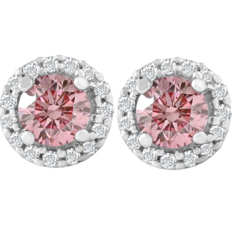 Pompeii3 1/2 Ct Halo Pink Diamond Lab Created Diamond Studs White Gold Screw Back Earrings, 1 of 4