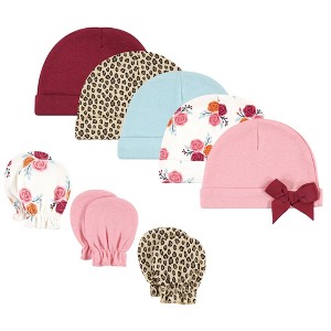 Hudson Baby Infant Girl Cotton Cap and Scratch Mitten Set, Autumn Rose, 0-6 Months - 1 of 4