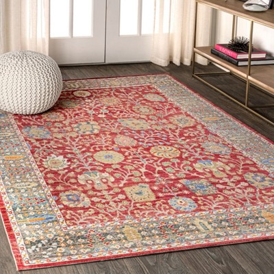 Burgundy and Light Blue Synthetic Floral Area Rug