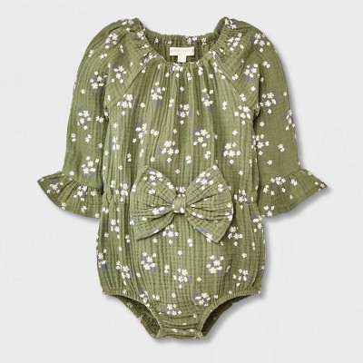 Image of Grayson Collective Baby Girls' Bow Gauze Bubble Romper - Olive Green 6-9M