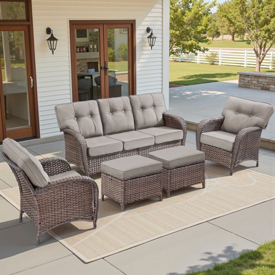 Buenhomino 5 Pieces Patio Furniture Set, High Back Wicker Rattan Sofa with 5-inch Extra Thick Cushion and Ottoman, Outdoor Conversation Set