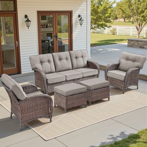 Buenhomino 5 Pieces Patio Furniture Set, High Back Wicker Rattan Sofa with 5-inch Extra Thick Cushion and Ottoman, Outdoor Conversation Set - 1 of 4