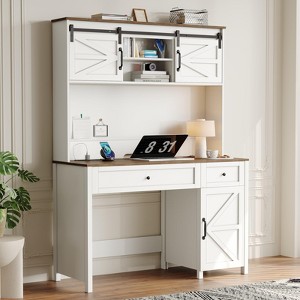 KTMBDW 47" Farmhouse Desk with Hutch,Wood Home Office Executive Desk with Drawer,Charging Station,Storage Cabinet,Rustic Writing Computer Desk,White - 1 of 4