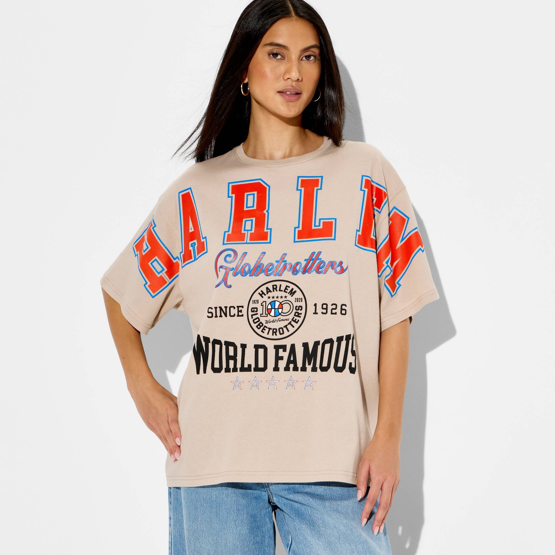 Women's Harlem Globetrotters Oversized Short Sleeve Graphic T-Shirt - Beige