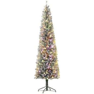 9 ft Pencil Christmas Tree, Pre-Lit Flocked Xmas Tree with Dual Color LED Lights, 895 Tips and Metal Stand