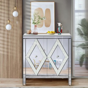 31.5" Mirror Trim Accent Cabinet with Diamond/Wave Pattern Doors, Retro Entryway Storage Cabinet with Adjustable Shelf - Panipeachy - 1 of 4