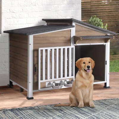 Outdoor Dog House with Metal Frame & Rotating Food Bowl ¨C Weatherproof Kennel with PVC Door Curtain for Small & Medium Dogs