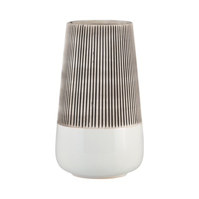 Sagebrook Home 10" Ceramic Vase - Contemporary Ivory and Beige Ridged Design Floral Vase For Decorative Table Accent - Stylish Home, Office, Event