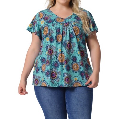 Agnes Orinda Women's Plus Size V Neck Ruffle Short Sleeve Boho Floral Casual T-Shirt