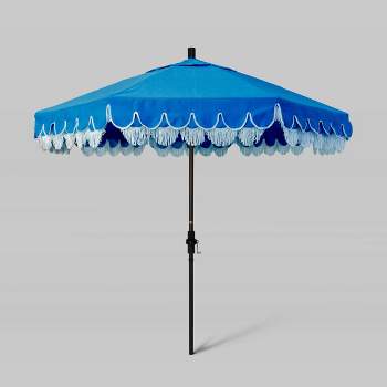9' Fiberglass Ribs and Scallop Base Fringe Market Umbrella with Crank Lift - Bronze Pole - California Umbrella