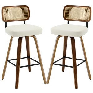 Bekrvio Swivel Counter Height Bar Stools, 29" Faux Leather Upholstered with with Rattan Back, Black for Kitchen Counter - 1 of 4