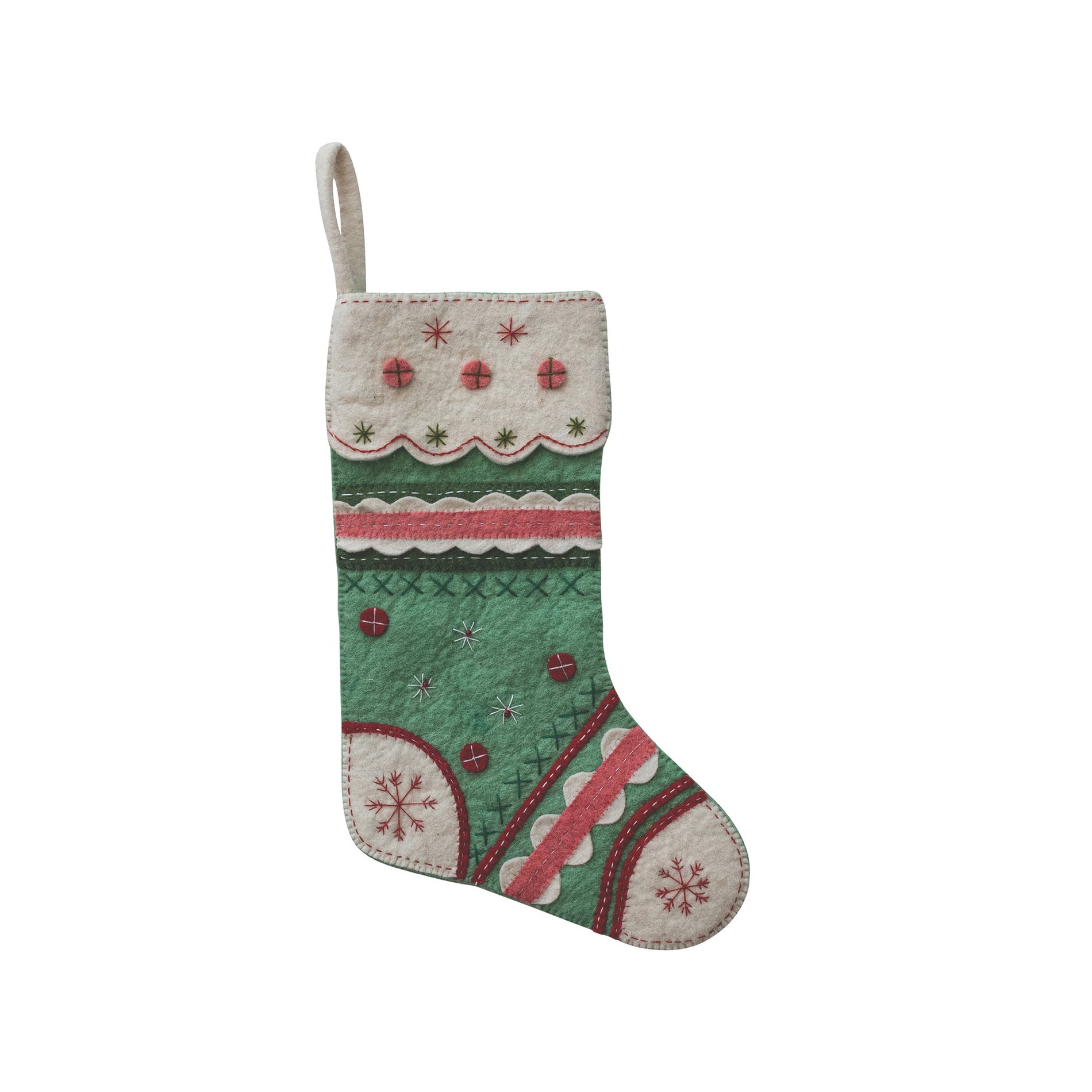 Storied Home Handcrafted Wool Felt Stocking with Embroidery and Applique, Multicolor