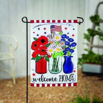 Patriotic Floral Applique Garden Flag with Red, White, and Blue Vases