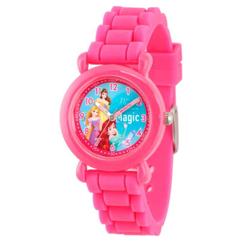 Girls' Disney Princess Ariel, Belle and Rapunzel Pink Plastic Time Teacher Watch - Pink, 1 of 7