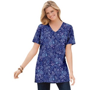 Woman Within Women's Plus Size Perfect Printed Short-Sleeve Shirred V-Neck Tunic - 1 of 4