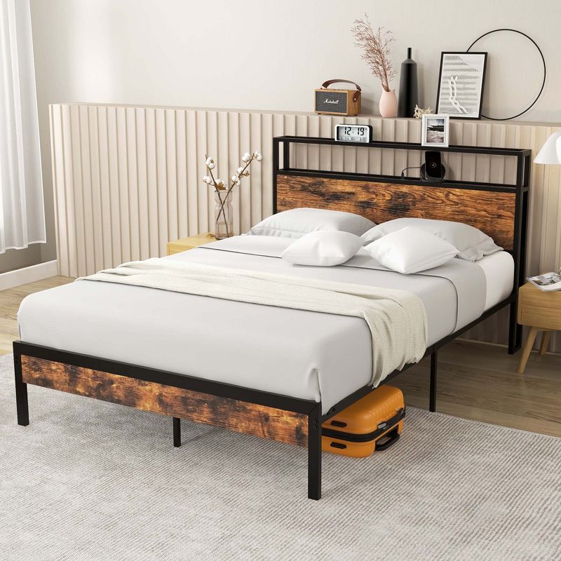 Costway Twin/Full/Queen Bed Frame with Storage Headboard Charging Station 18W USB C Port Rustic Brown, 1 of 11