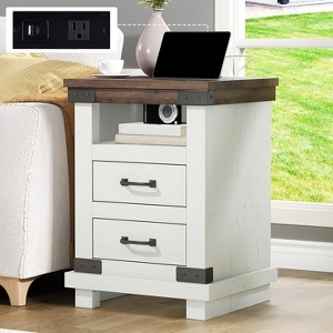AMERLIFE Farmhouse Nightstand with Charging Station, 18" End Tables, Living Room, Antique White - 1 of 4