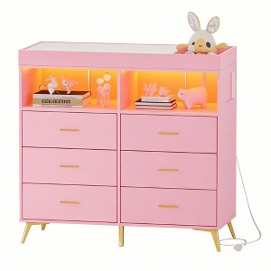Changing Table Dresser – Multi-Functional Baby Nursery Dresser with LED Lights & Power Outlet (6 Drawers + 2 Shelves) - 1 of 4