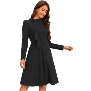 Allegra K Women's Fall Long Sleeve Collar Tie Mock Neck A Line Elegant Midi Dress - 1 of 4