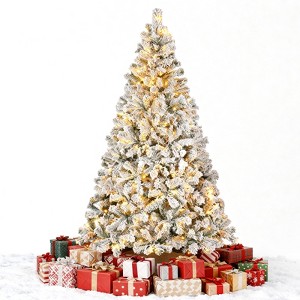 HONGGE 6.5ft Pre-Lit Holiday Christmas Pine Tree w/ Snow Flocked Branches, 250 Warm White Lights - 1 of 4