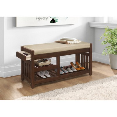 Transitional Storage Bench with Cushioned Seat, Hidden Drawer & 2 Open Shelves  Stylish & Functional Entryway Seating
