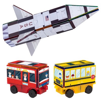 PICASSO-TILES 64 PC, 3-in-1 Rocket, Train, and Bus with Stick on Designs, Magnetic Tiles, Building Blocks, STEM Toys for Kids 3+