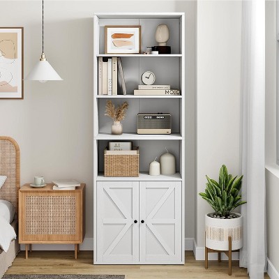 Garvee Farmhouse Bookcase with Doors 11.8in Deep Display Storage 23.6W x 71.4H Inches L-Shape Engineered Wood, White