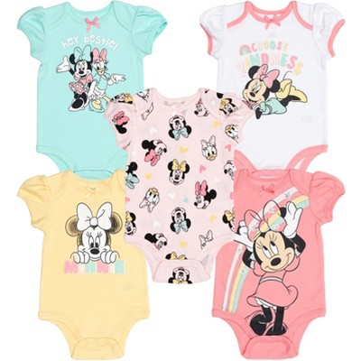 Image of Mickey Mouse & Friends Minnie Newborn Baby Girls 5 Pack Short Sleeve Bodysuits Multicolored 3-6 Months