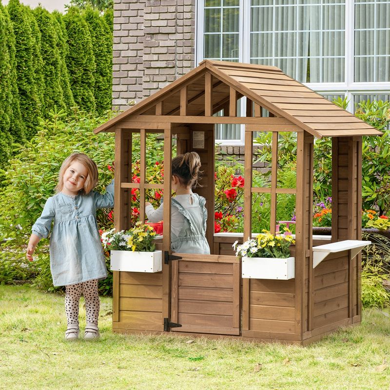 Outsunny Kids Wooden Playhouse, Outdoor Garden Games Cottage, with Working Door, Windows, Flowers Pot Holder, 47" x 38" x 54", 3 of 7