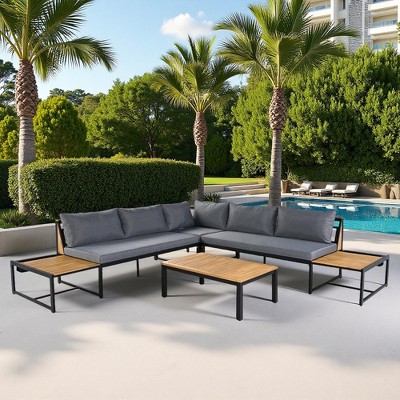 4-Piece Outdoor Patio Iron Sectional Sofa Set with Coffee Table and Side Storage Shelf