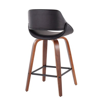 Flared Walnut Swivel Counter Stool with Black Upholstery, Set of 2