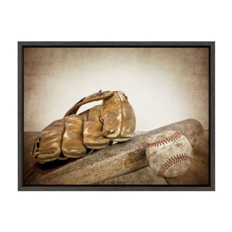 18&#34; x 24&#34; Sylvie Baseball Glove And Bat Framed Canvas by Shawn St. Peter Gray - DesignOvation, 1 of 10