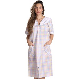 Dreamcrest Womens Short Sleeve Duster, Seersucker Plaid Housecoat/Women Sleepwear Zip Front Nightgown - 1 of 3