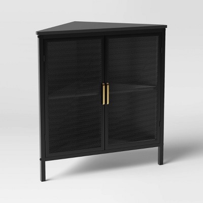 Mesh Corner Cabinet Black - Threshold™: Sleek Metal Storage with Golden Handles, V-Shaped Design