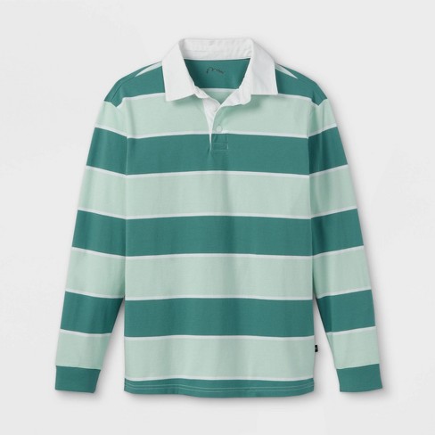 Boys Rugby Striped Woven Long Sleeve, Blue And Green Rugby Shirt