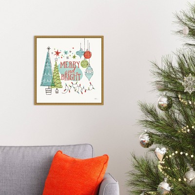 Merry and Bright Retro Christmas Canvas Print with Gold Frame