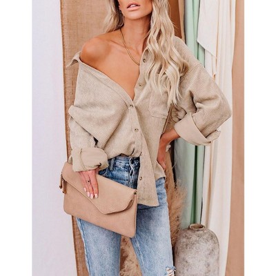 Womens Corduroy Shirts Casual Long Sleeve Button Down Blouses Tops Khaki XXL