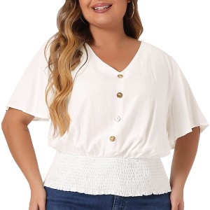 Agnes Orinda Women's Plus Size Smocked Waist V Neck Button Up Short Sleeve Shirred Blouses - 1 of 4