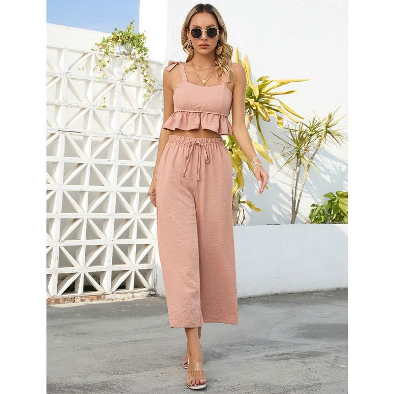 Women's 2 Piece Tracksuit Sleeveless Square Neck Linen Tank Crop Top Wide Leg Pants Matching Sets Summer Outfits, 3 of 9
