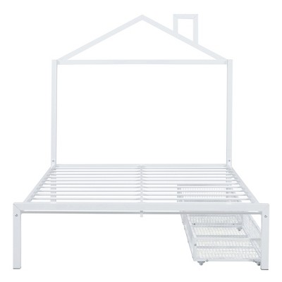 Bellemave Full Bed for Kids, Metal Full Bed with Drawer for Boys, girs, Full Bed Frame with House-Shaped Headboard, Full Size House Bed, White