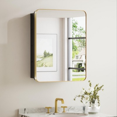 Keonjinn Metal Framed Gold Rectangular Framed Recessed/Surface Mount Medicine Cabinet with Mirror,Gold,21"x27"